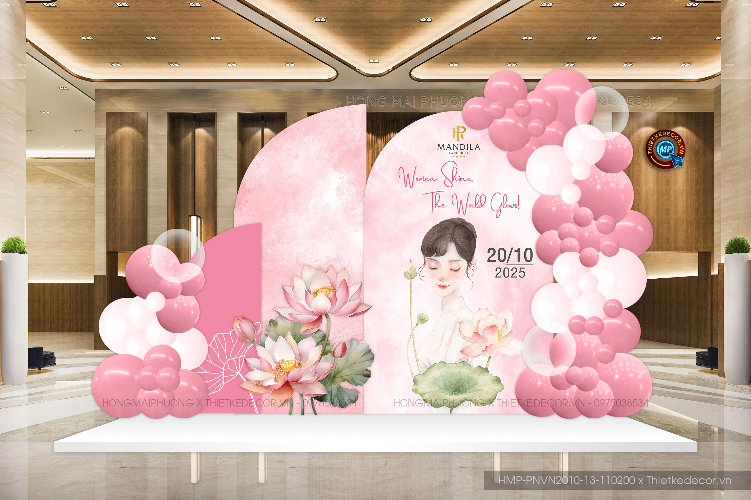 Backdrop check in ngày phụ nữ VN 20-10 tone hồng lấy cảm hứng hoa sen